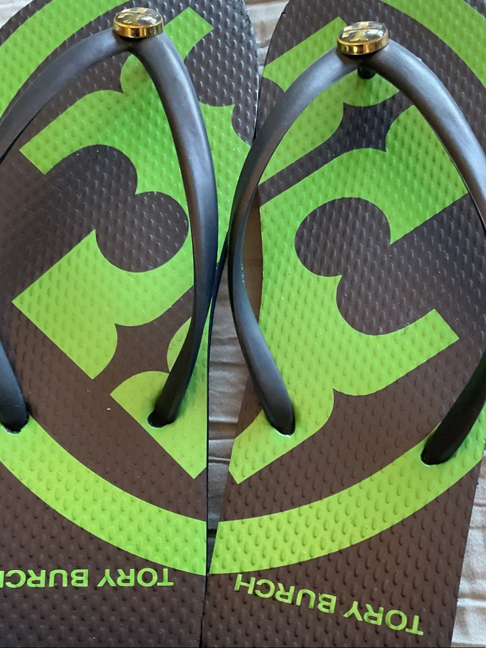 Tory Burch Navy Flip Flops with Lime Green Logo Accent